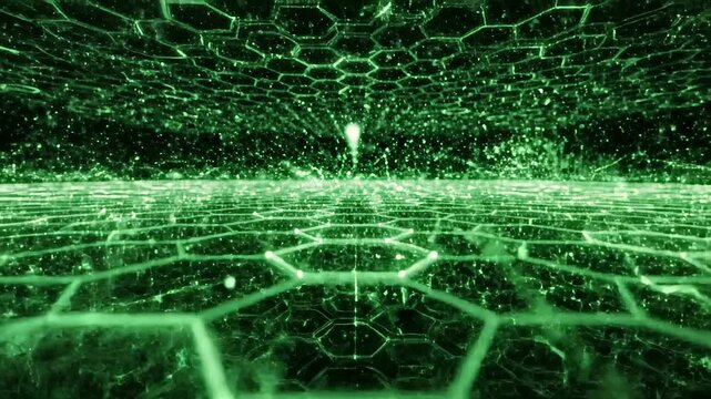 Digital green hexagonal grid with glowing particles and light beams