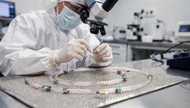 Technician in sterile cleanroom attire carefully integrates microsensors into a flexible catheter shaft ensuring precise pressure and flow measurement capabilities.