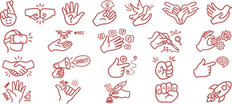 Vector red line art hand gestures and communication icons set: VR, handshake, fist bump, peace, idea, writing, rocket, isolated on white