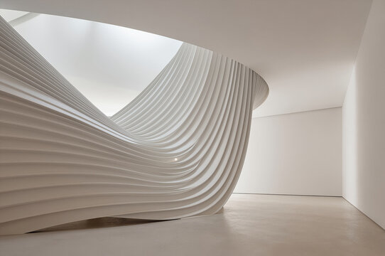 Sculptural white wall ripples across a minimalist interior space under diffused skylight illumination. Fluted ridges create rhythmic patterns of shadow and highlights along the curved surface.
