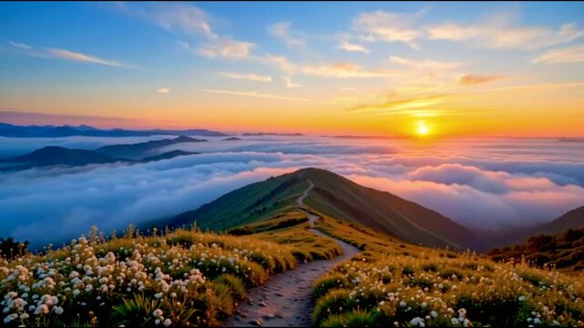 Stunning sunrise over a mountain peak with a winding path surrounded by white flowers and a sea of clouds.