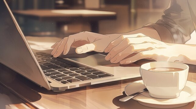 ノートパソコンのキーボードに手を添えて作業する様子