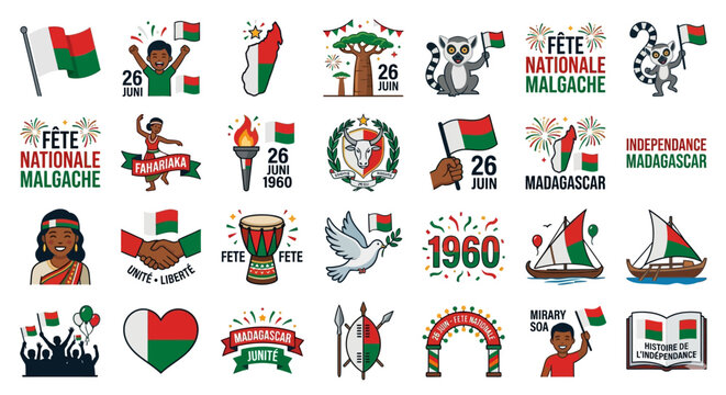 Vibrant Illustrations Celebrating Madagascar's Independence Day Festivities with National Symbols, Flags, and Cultural Emblems on June 26