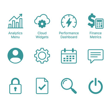 Minimalist vector icon set for admin UI and business dashboards. Flat symbols for analytics, finance, performance, and user management