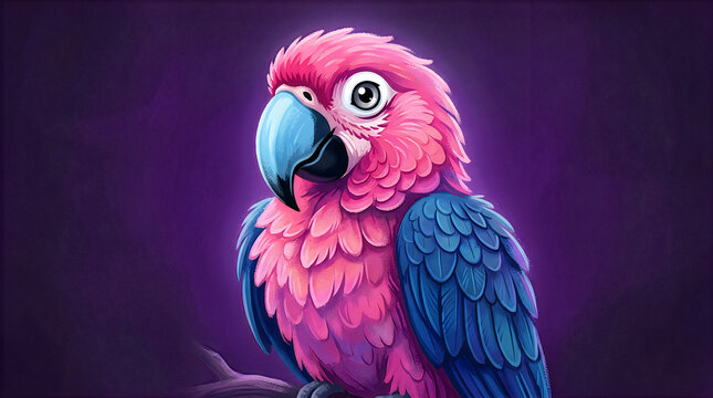 parrot illustration pink blue feathers tropical bird portrait vibrant digital art stylized character exotic animal purple background creative design