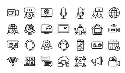 Fototapeta premium Video Conference Line Icons Set with Group Chat Video Call and Online Meeting Editable Stroke Vector
