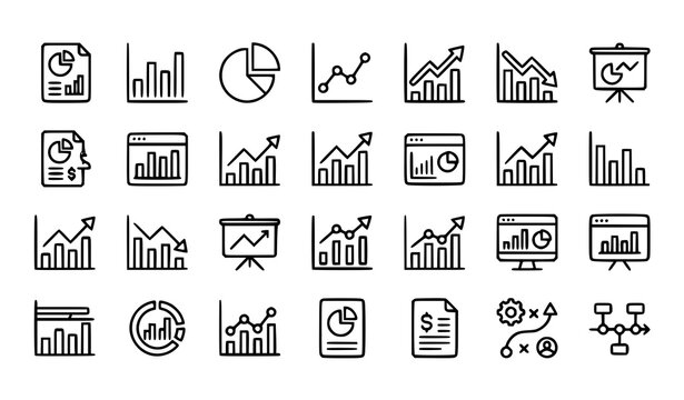 Graph and Analytics Line Icons Set with Business Report Presentation and Increase Decrease Charts Vector