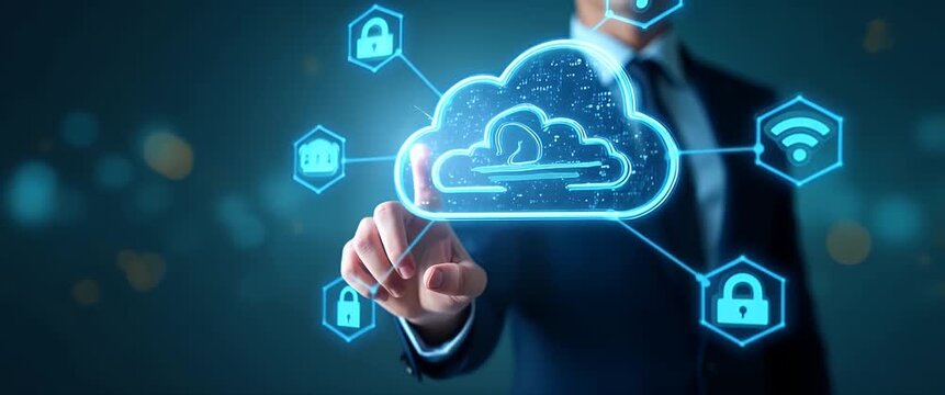 Hand typing on holographic SaaS interface displaying cloud computing software platforms icons in empty space concept as Hand types on holographic SaaS interface showcasing cloud computing software pla