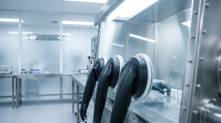 Fototapeta premium Sterile pharmaceutical isolator glove box in high-tech cleanroom laboratory for medical research
