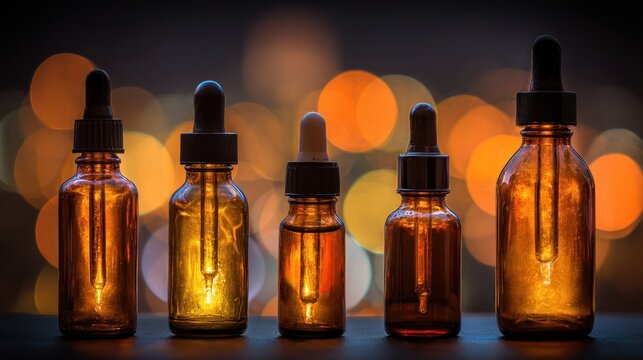 Five amber dropper bottles containing liquid stand illuminated against a dark background with warm bokeh lights