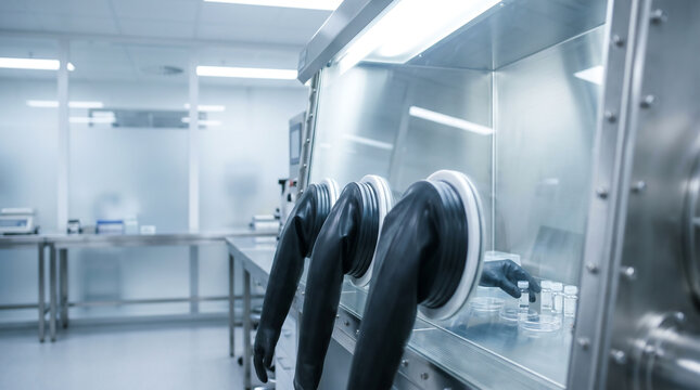 Sterile pharmaceutical isolator glove box in high-tech cleanroom laboratory for medical research