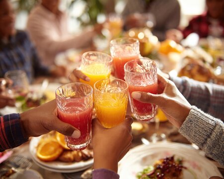 Family toasting glasses of juice at dinner, celebration theme, shallow depth