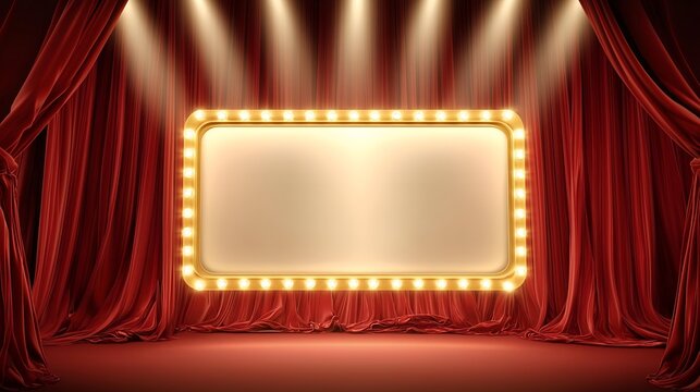 A vibrant theater stage with bright lights and red velvet curtains, ready for a captivating performance. Ideal for showcasing creativity and entertainment.