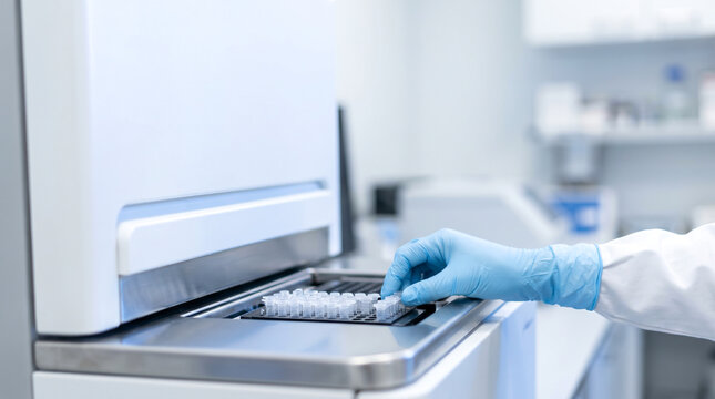 Close Up of Scientist Hand in Blue Glove Placing Samples in Laboratory Machine for Medical Research