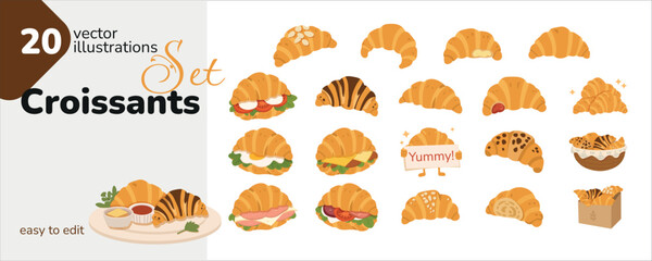 Fototapeta premium Croissant set. Collection of french pastry, breakfast bakery and sandwich croissants. Sweet and savory snacks with chocolate, nuts, ham and vegetables.