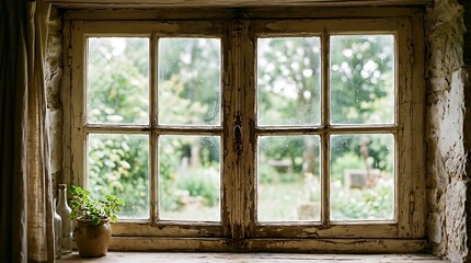 Fototapeta premium Rustic Window View of a Lush Green Garden on a Sunny Day.