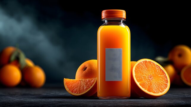 Bottled orange juice with fresh oranges and slices on dark background