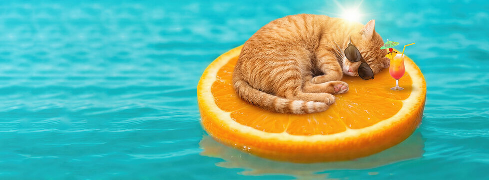 Ginger cat wearing sunglasses sleeping on a giant orange slice floating in a blue swimming pool. Summer vacation travel concept with funny animal relaxing on a fruit pool float. Banner with copy space