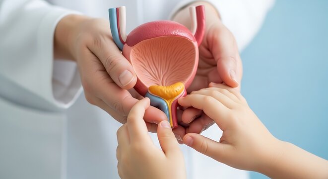 An adult hand holds a bladder model with a child pointing