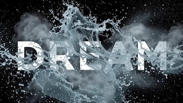 The scene features bold letters spelling dream, created with liquid that splashes against a dark background. The texture is clear, showing the movement of water and foam in focus.