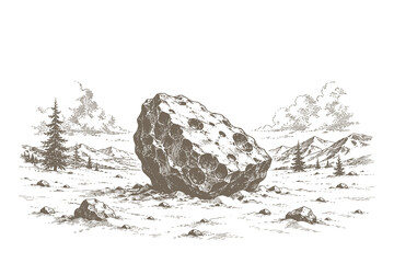 Hand drawn engraving sketch vector illustration of a massive cratered meteorite asteroid resting on a barren rocky desert landscape under a cloudy sky. © Chairul