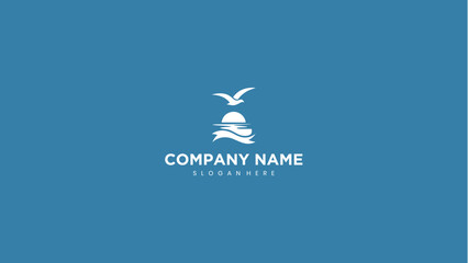 Minimalist Beach Sunset Logo Design with Seagull and Ocean Waves © Sina_Art