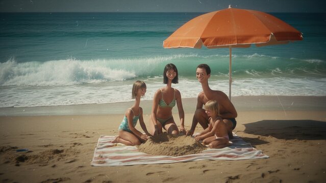 Family of long-necked aliens disguised as humans building sandcastle on ocean beach. Surreal science fiction concept with mutants on summer vacation. Distorted creature on sandy shore.