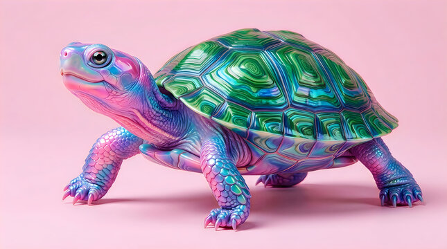 iridescent turtle isolated pink background studio shot colorful reptile shell exotic animal creative digital art vibrant neon creature design
