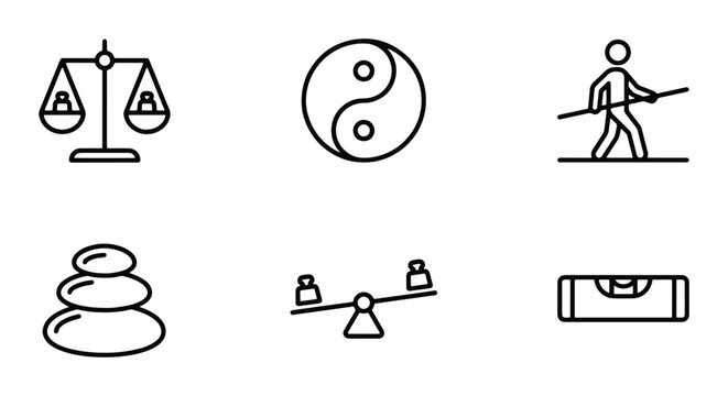 Balance Icons: Scales, Yin Yang, Tightrope Walker, Stacked Stones, Seesaw, Level