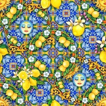 watercolor hand drawn mediterranean pattern with lemons moon and sun