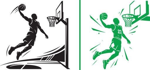 Basketball player silhouette performing slam dunk vector illustration set with hoop and backboard for sports design © reza
