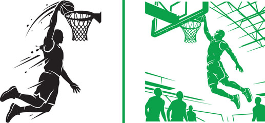 Basketball player slam dunk vector illustrations with silhouette and monochromatic jumping action for sports competition and athletic branding © reza