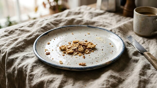 Leftover Granola on a Ceramic Plate with a Rustic Linen Tablecloth and Coffee Mug.