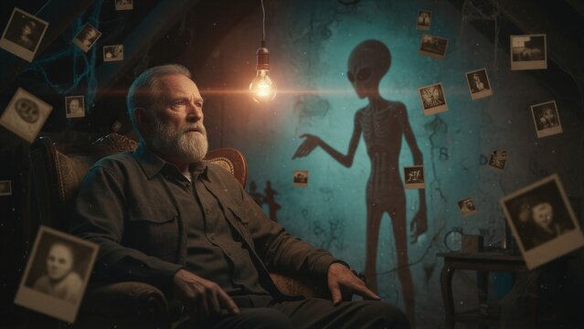 Elderly man sitting in chair looking at shadow of alien on wall. Paranormal investigator researching extraterrestrial life. Science fiction mystery with floating vintage photographs.