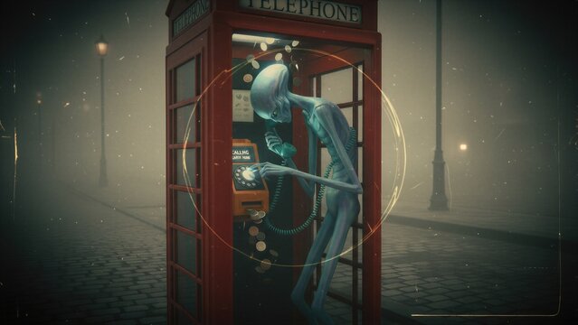 Alien standing in red phone booth making a call. Extraterrestrial being using public telephone on foggy city street. Science fiction scene depicting paranormal contact with civilization.