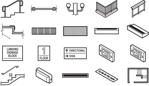 A collection of architectural and signage elements, including staircases, handrails, directional signs, and lighting fixtures, presented in a clean, isometric vector illustration.