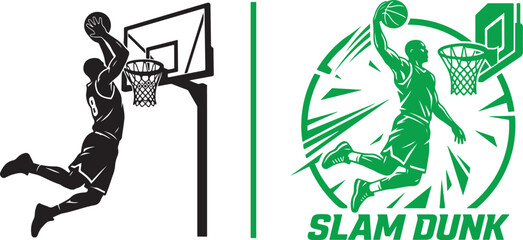 Basketball player performing slam dunk vector illustration with hoop and backboard for sports branding and athletic competition graphics © reza