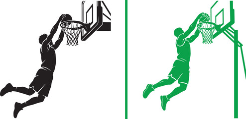 Basketball player silhouette performing a slam dunk into a hoop vector illustration for sports branding and athletic competition © reza
