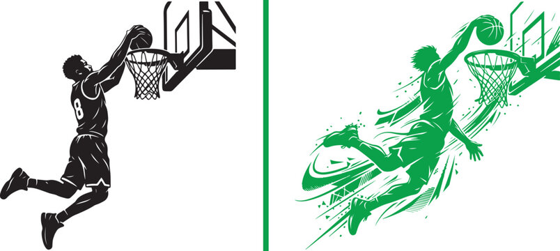 Basketball player slam dunking vector illustrations in black silhouette and green stylized graphic styles for sports branding and athletic design