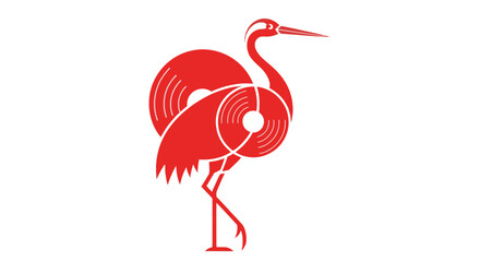 Fototapeta premium Minimalist red crane bird icon formed by vinyl records