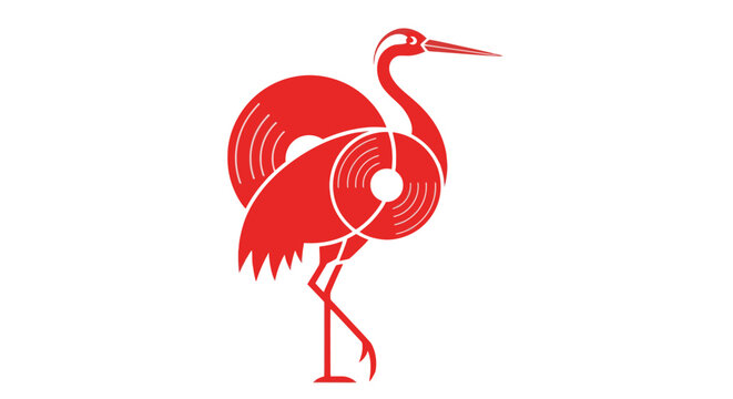 Minimalist red crane bird icon formed by vinyl records
