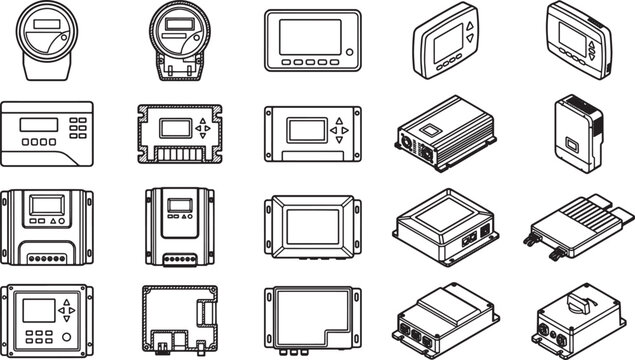 A collection of electrical components and devices, including meters, controllers, and power units, depicted in a clean, schematic illustration.