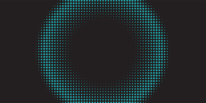 Modern abstract background featuring a vibrant teal halftone dot ring on a black backdrop. A sleek, tech-inspired circular gradient pattern perfect for digital web designs.