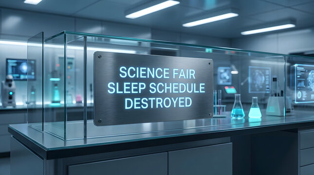 Science Fair Sleep Schedule Destroyed A Humorous Depiction of Academic Chaos in a Laboratory Setting