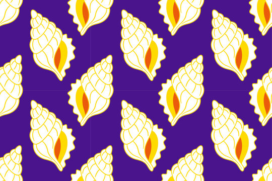 Vibrant seamless pattern with white Triton seashells and bright yellow line art on deep purple background. Mediterranean pop art style, perfect for resort apparel, summer shirts, and bold textiles.