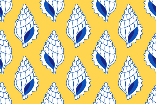 Vibrant seamless pattern with white Triton seashells and blue line art on sunny yellow background. Chic Sicilian style, perfect for summer resort wear, tablecloths, and Mediterranean decor.