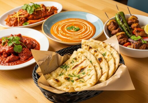 Assorted indian dishes including naan bread, curries, and grilled skewers