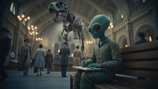 Alien scientist wearing glasses drawing sketch in museum with dinosaur skeleton. Extraterrestrial character observing human life. Science fiction concept of space visitor in public place.