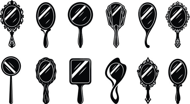 Vintage Hand Mirror Silhouette Icon Set with Antique Baroque Frames for Beauty Salon and Vanity Graphic Designs