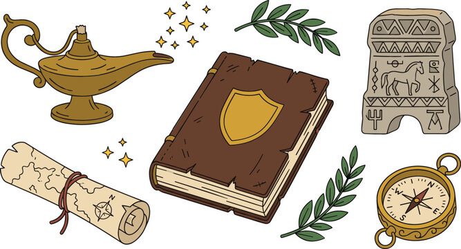 Ancient Adventure Treasure Hunt Icon Set with Magic Lamp Map Spellbook Compass and Ancient Rune Stone Elements
